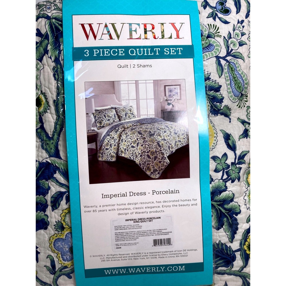 Waverly Imperial Dress Porcelain King Quilt Set 3pc Floral Paisley Blue Green